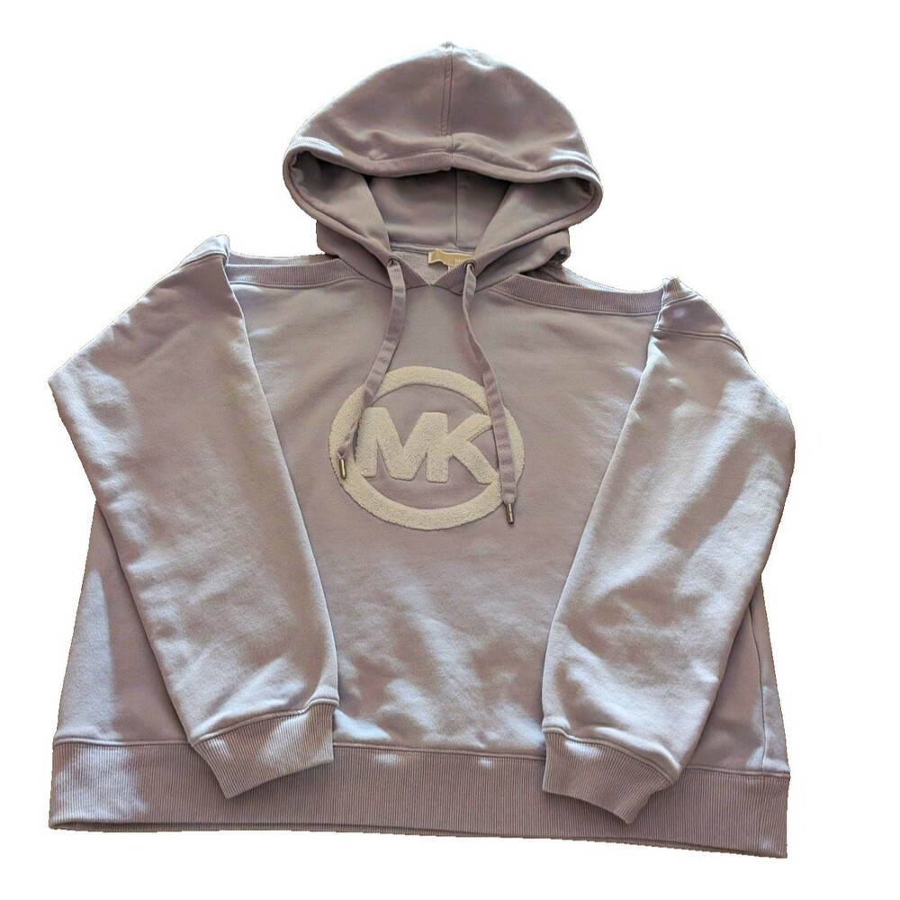 Michael Kors Women's M Lavender Mist Fleece Pullover Hoodie Cold Shoulders Logo